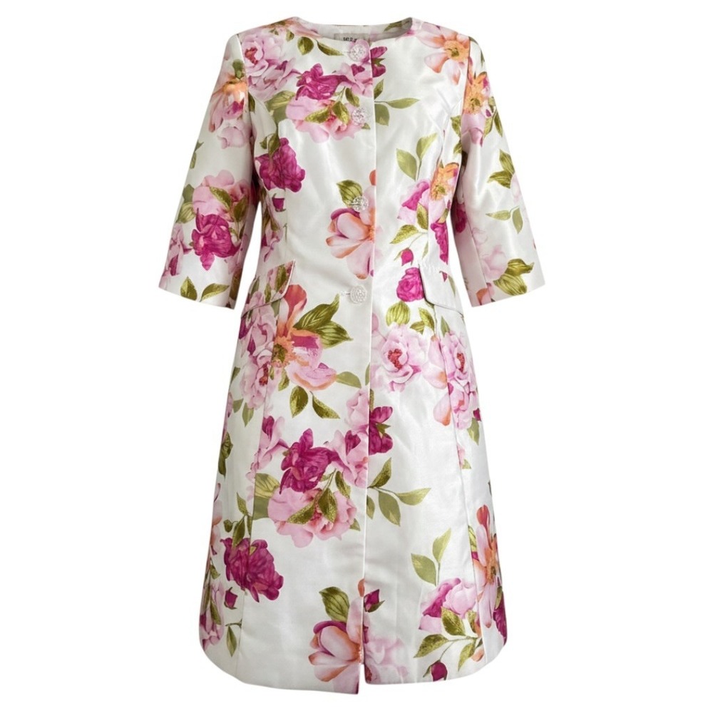 Danillo Woman Floral Coat Dress Jacket 16W White Pink Lined Formal Wedding Party